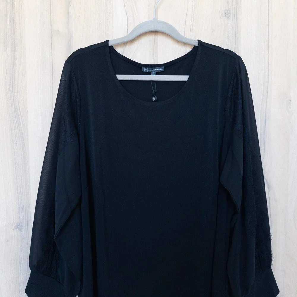 Adrianna Papell Womens Blouse 2X Black Mesh Sleeve Career Dressy‎ Whimsical Chic